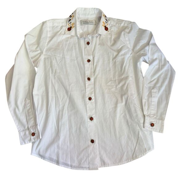 Vintage white button down with autumn embroidered trim Pumpkin Buttons Small‎ - Picture 13 of 16